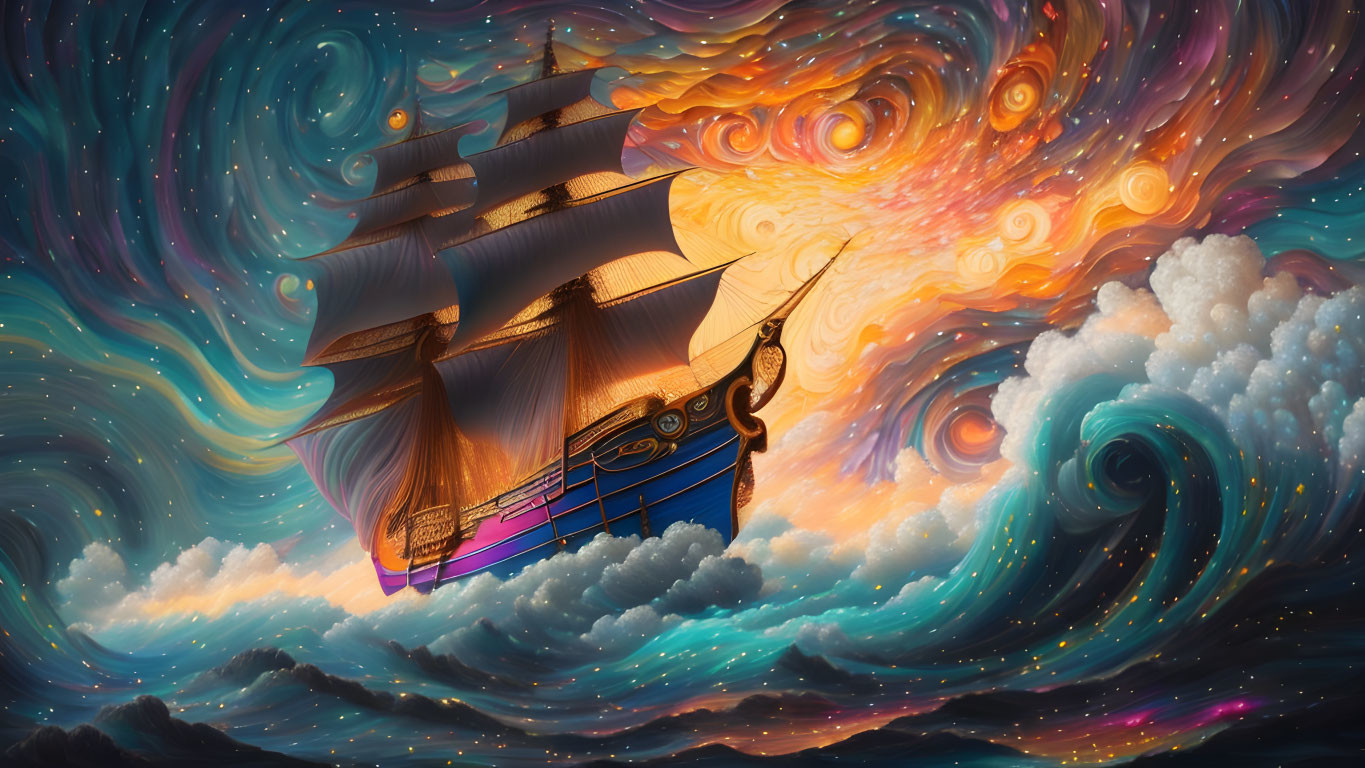 Fantastical ship sailing in surreal sky with swirling blue and orange clouds