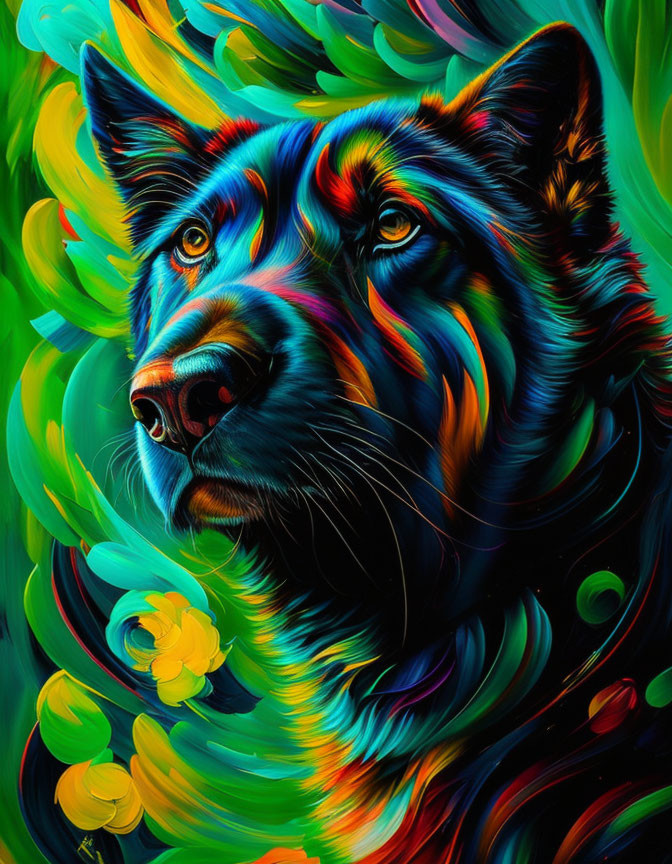 Colorful Portrait of Dog with Swirling Hues & Black Accents