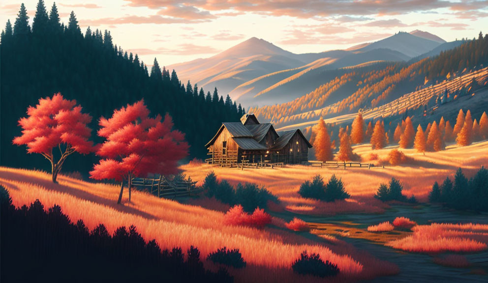 Autumn landscape with cozy cabin, vibrant trees, and rolling hills