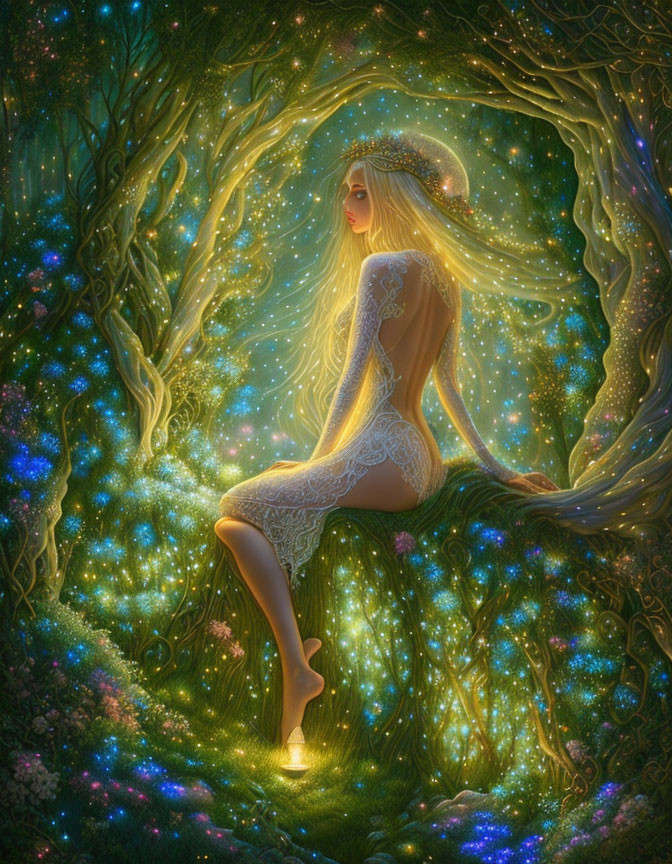 Blonde woman in glowing forest with intertwined trees