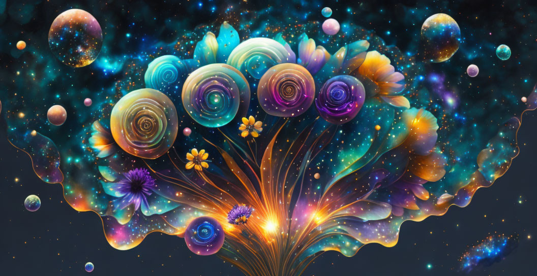 Colorful digital artwork of cosmic flower bouquet in starry space