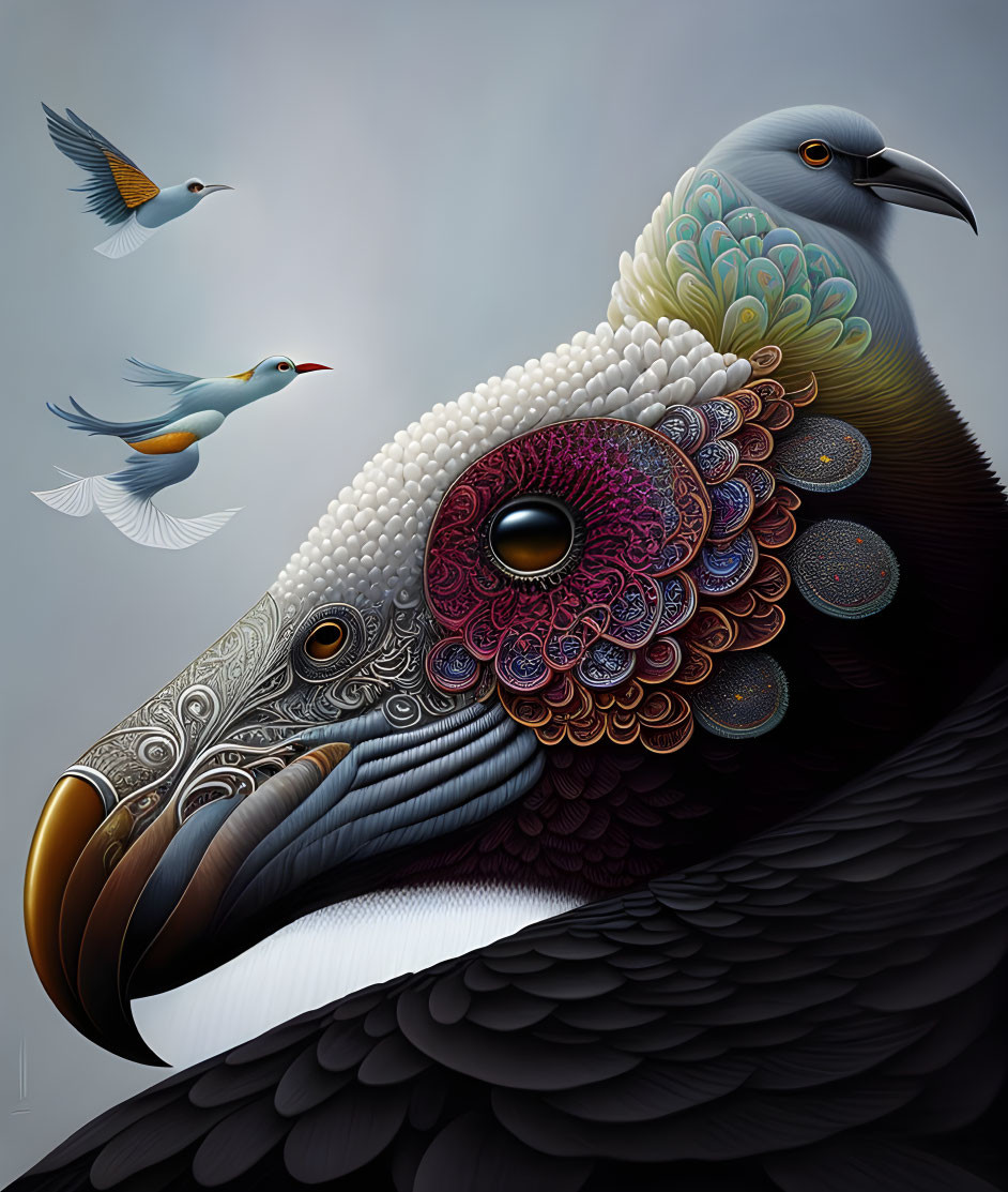 Colorful Pigeon Artwork with Feather Patterns & Flying Birds