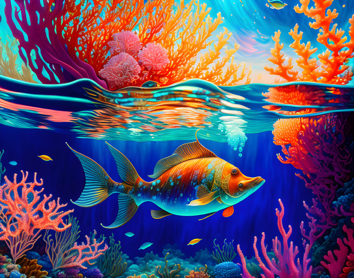 Colorful fish swimming in vibrant coral reef scene.