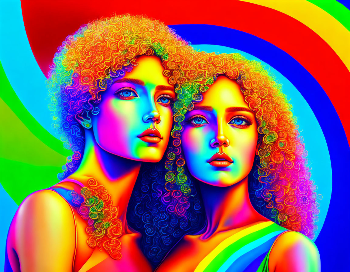 Vibrant portrait of two women with curly hair on psychedelic rainbow background