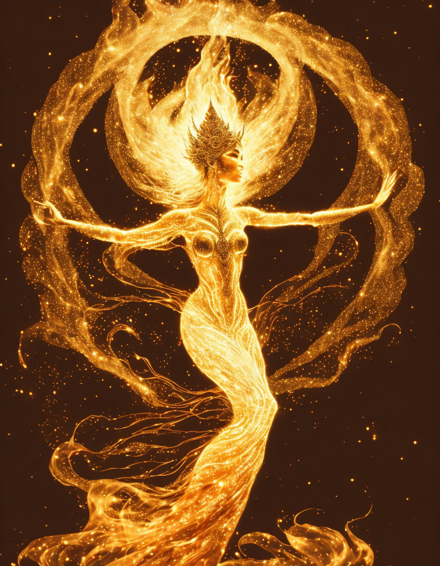 Golden fiery figure with outstretched arms in swirling flames on dark background