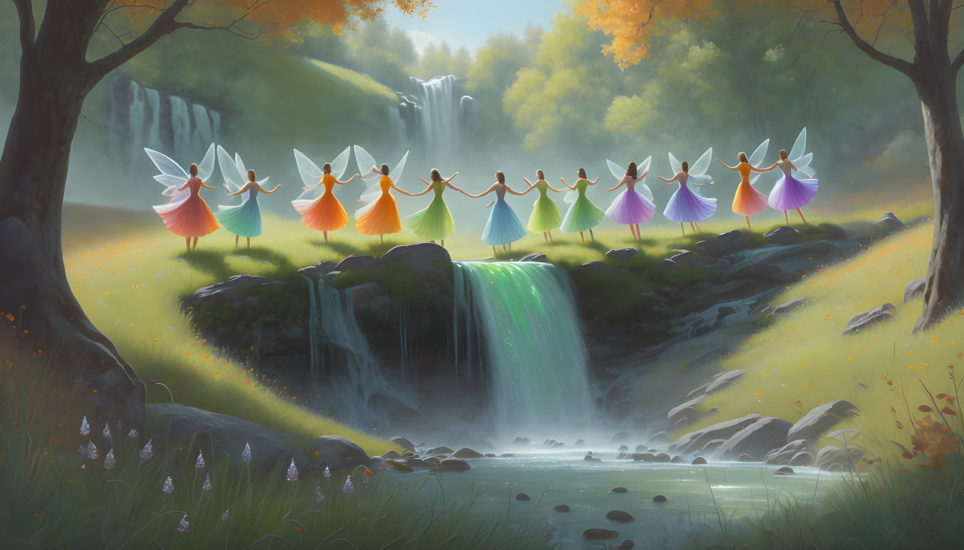 Colorful fairies in fantasy landscape with waterfalls