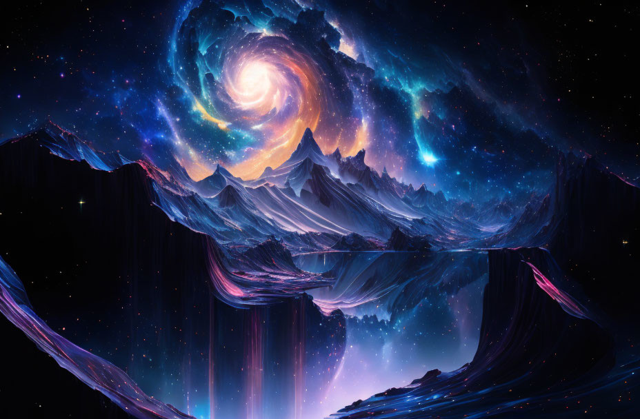 Cosmic landscape with swirling galaxy and jagged mountains