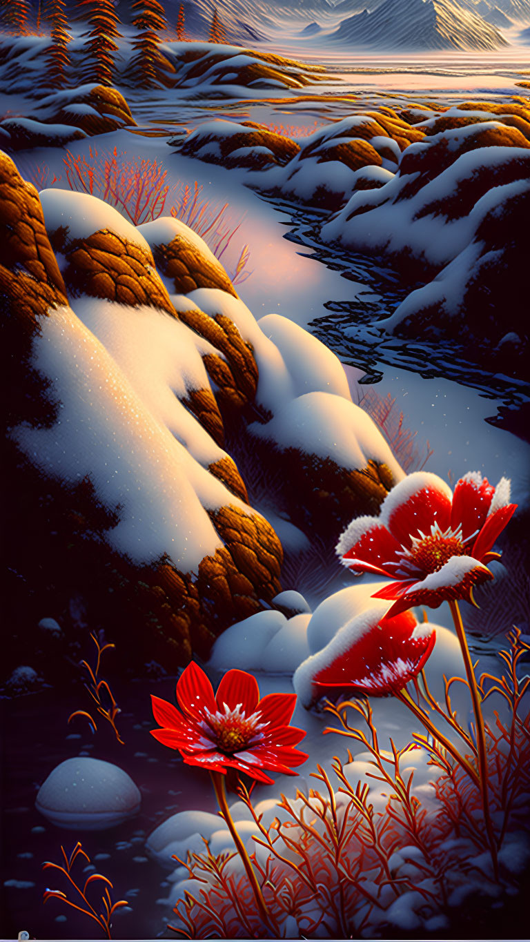 Scenic image of snow-covered rocks, red flowers, stream, and mountains at twilight