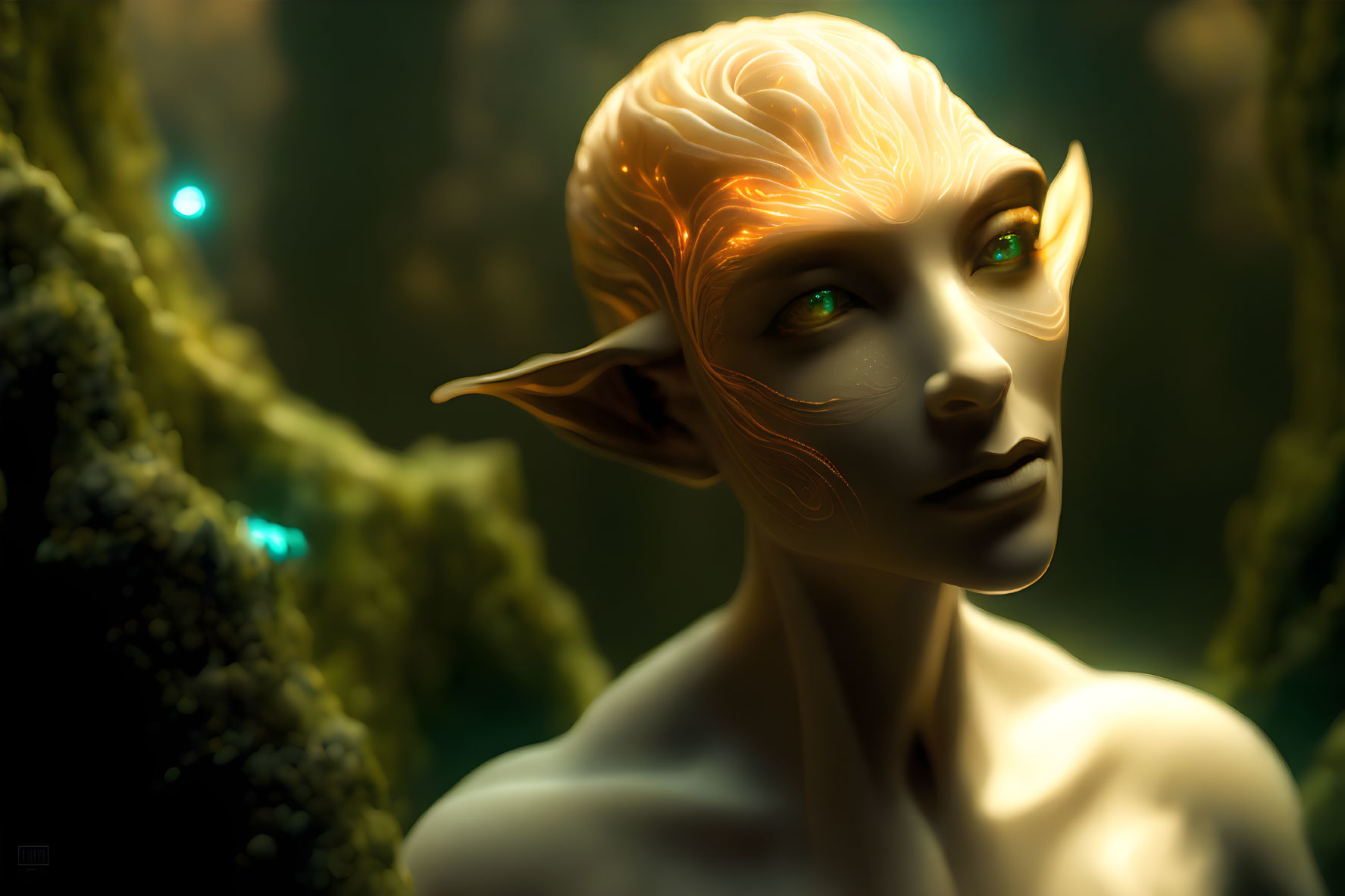 Contemplative elf with pointed ears in mystical forest setting