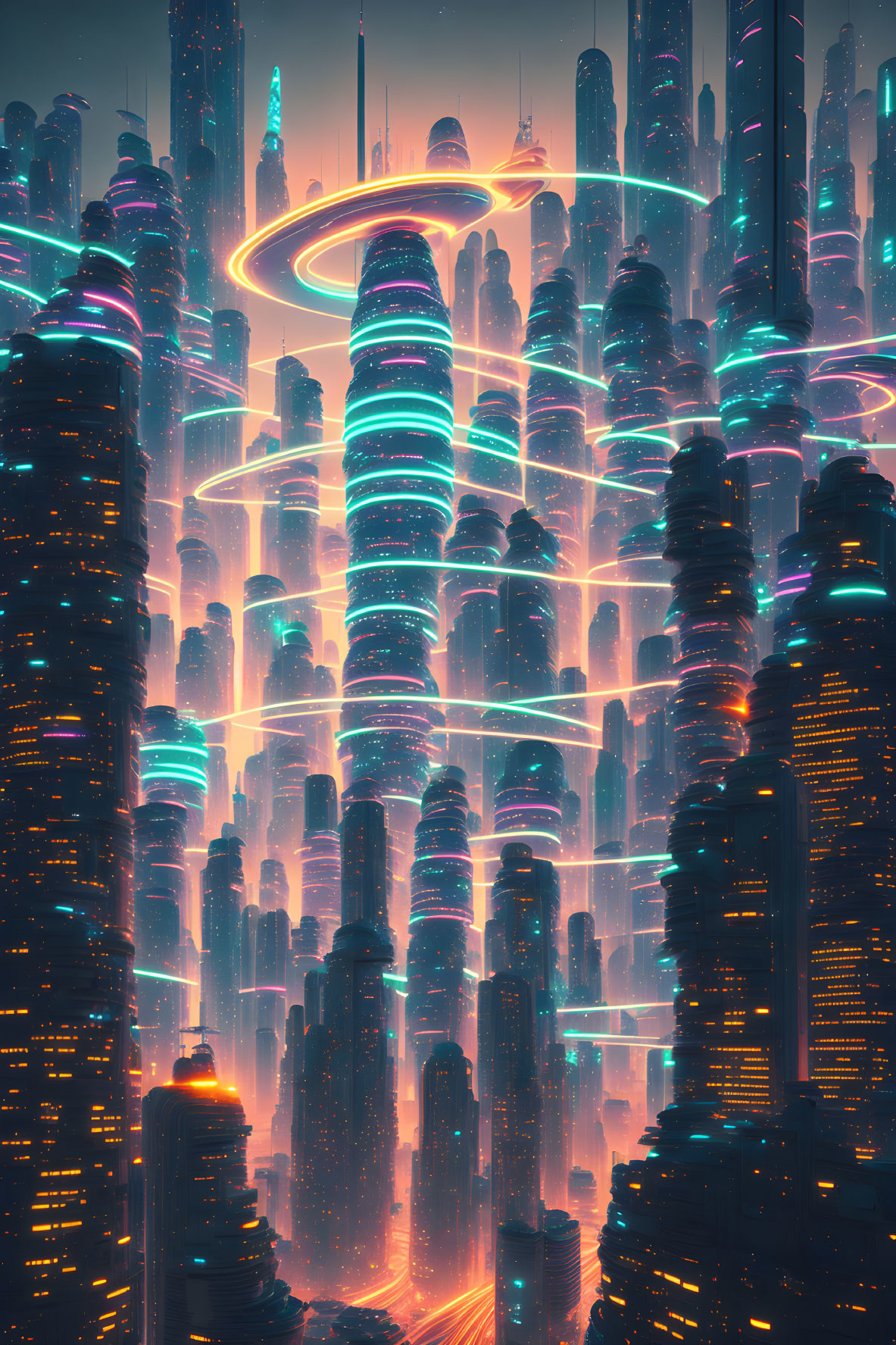 Futuristic neon-lit cityscape with glowing skyscrapers