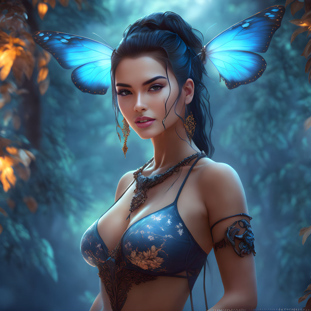 Woman with Butterfly Wings in Mystical Forest Wearing Blue Attire