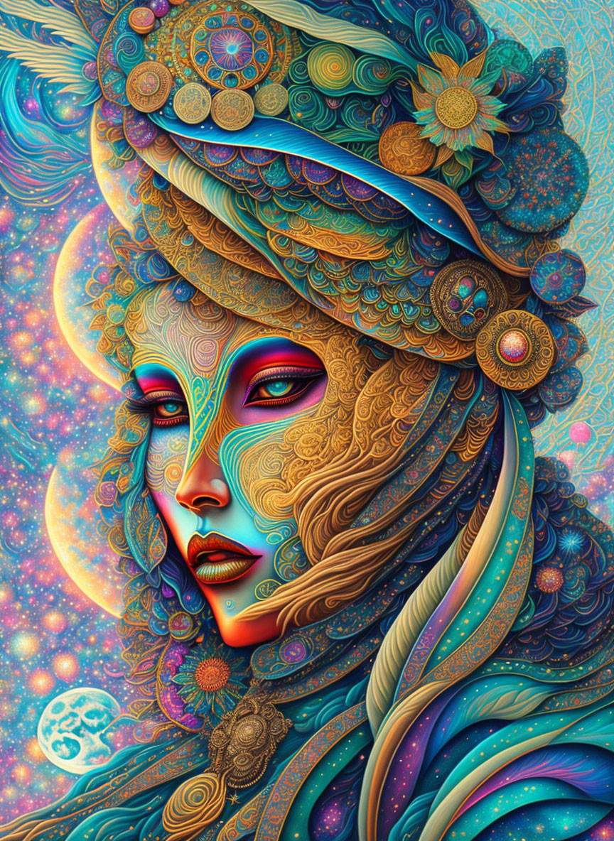 Colorful digital artwork: Woman's face with intricate cosmic patterns in blue and gold on starry backdrop