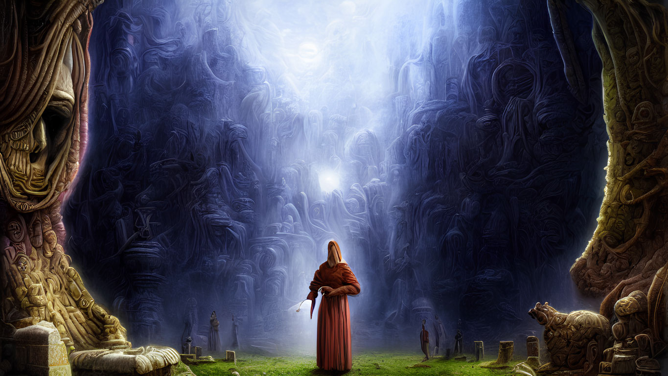 Mystical cave with lone figure in red cloak