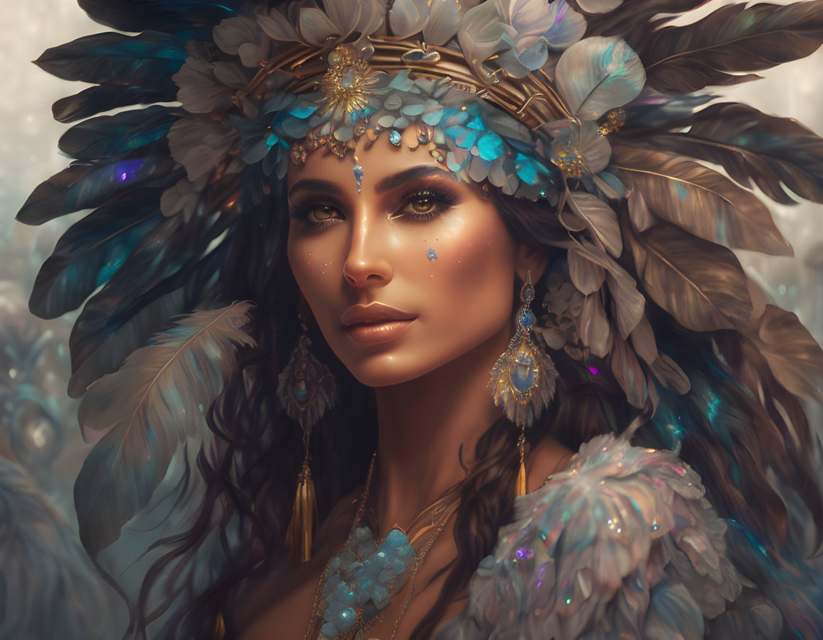 Elaborate Feather Headdress Woman with Blue Gemstones