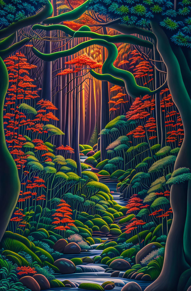 Colorful stylized forest with stream and mystical atmosphere