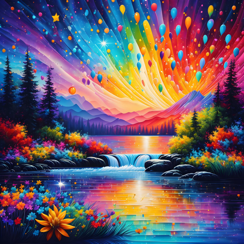 Colorful Landscape with Waterfall, River, Forest, Mountains, Starry Sky, and Ballo