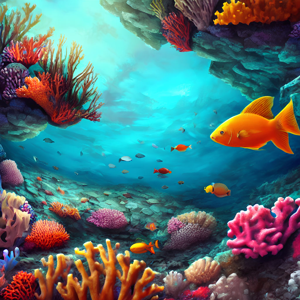 Colorful Underwater Scene with Corals and Tropical Fish