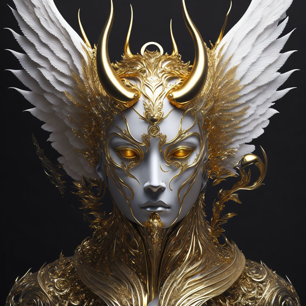 Fantasy figure with golden horns, ornate armor, and white feathered wings on dark background