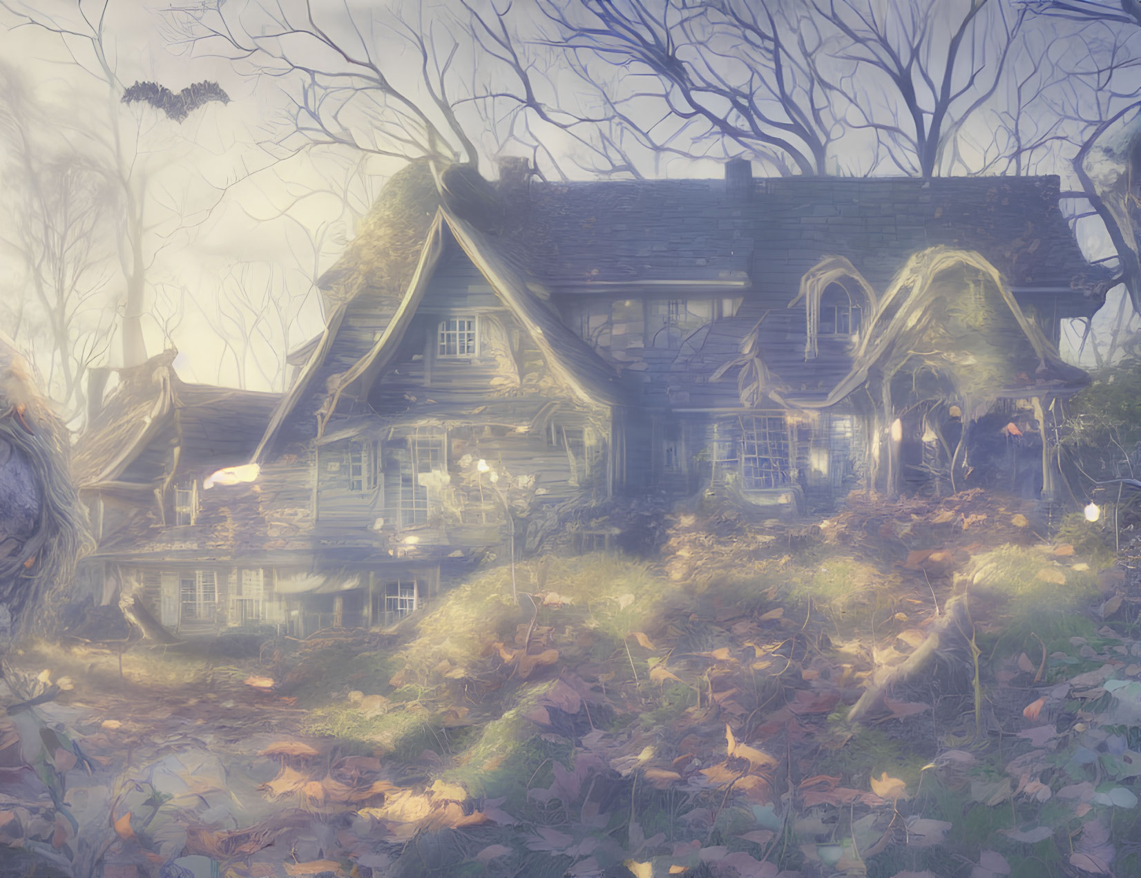 Ethereal foggy autumn scene with old house and fallen leaves