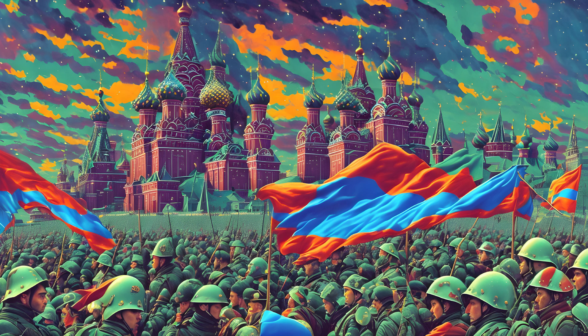 Colorful military parade at Saint Basil's Cathedral with soldiers and Russian flags under orange sky