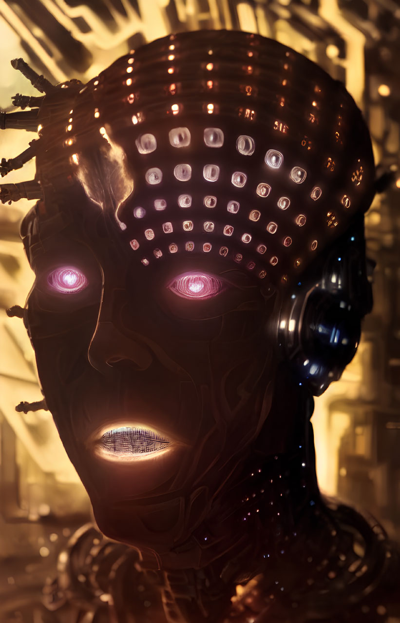 Detailed humanoid robot head with illuminated patterns and red glowing eyes