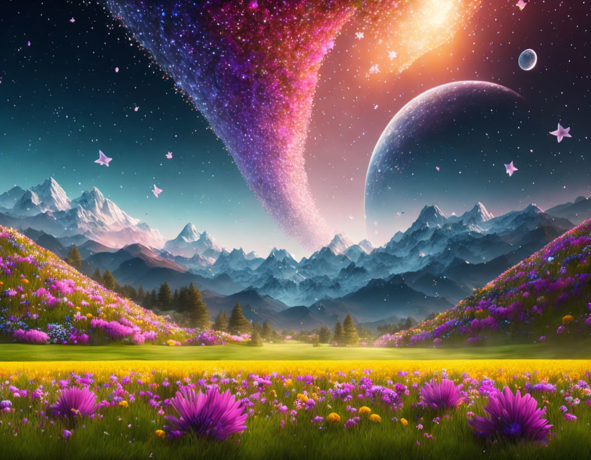 Scenic landscape with blooming meadow, mountains, and fantastical sky.