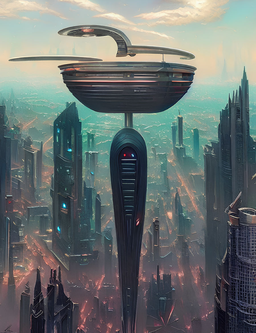 Futuristic cityscape with towering skyscrapers and sleek flying structure