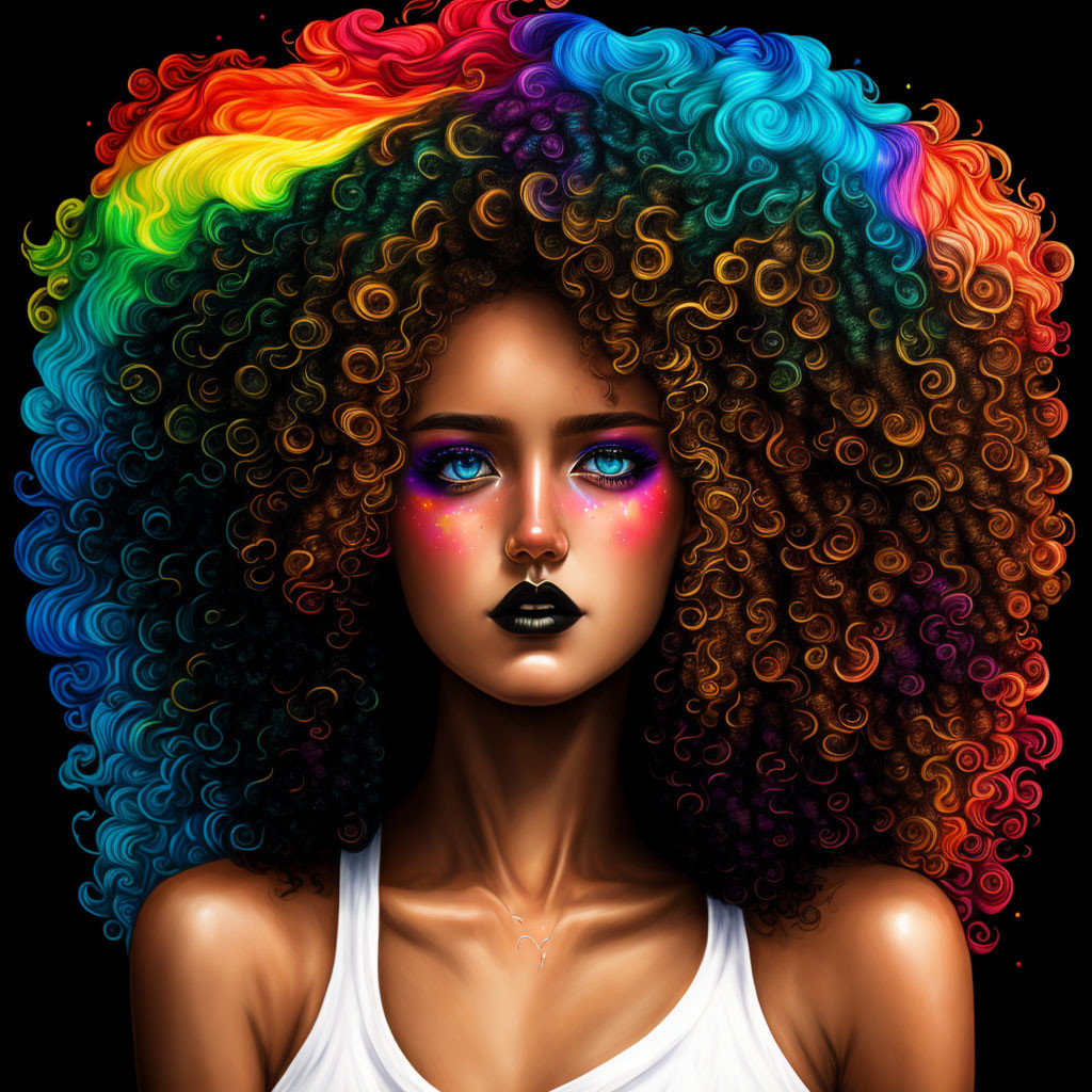 Vibrant digital artwork: Woman with rainbow hair & galaxy makeup