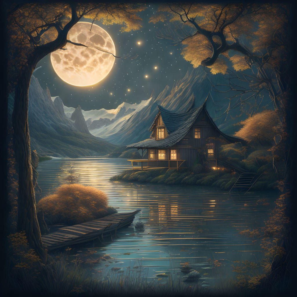 Traditional house by lake under starry sky with full moon amid mountains