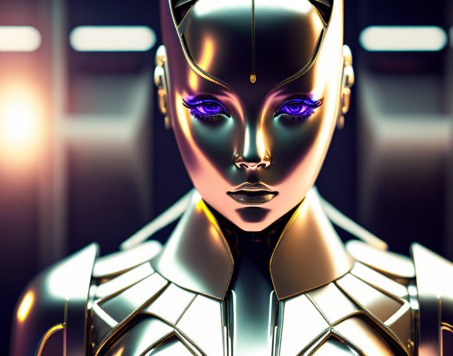 Futuristic robot with human-like face and glowing purple eyes in golden metallic armor on dark background