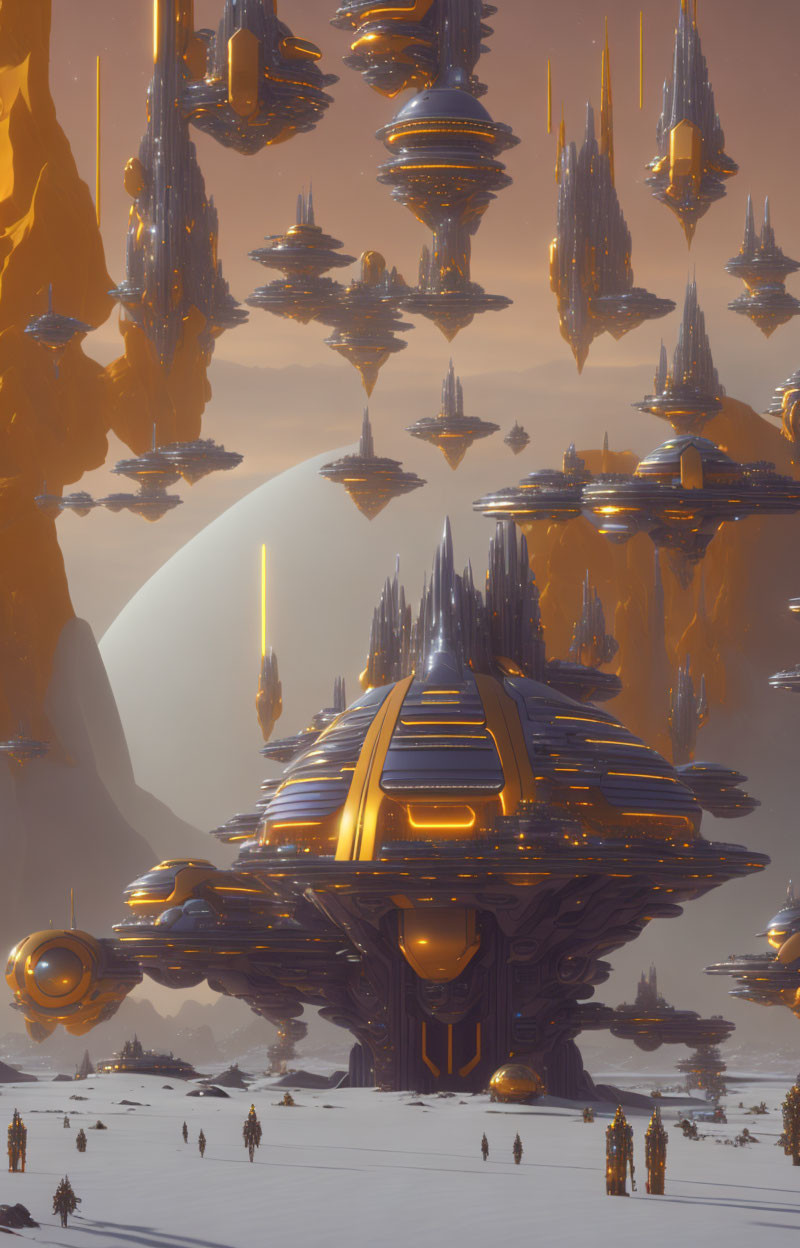 Golden futuristic city on alien planet with towering spires and central dome, large moon backdrop