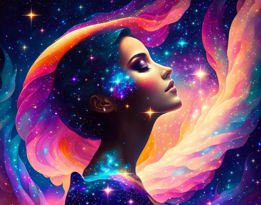 Illustration: Woman with Galaxy Hair and Cosmic Stars