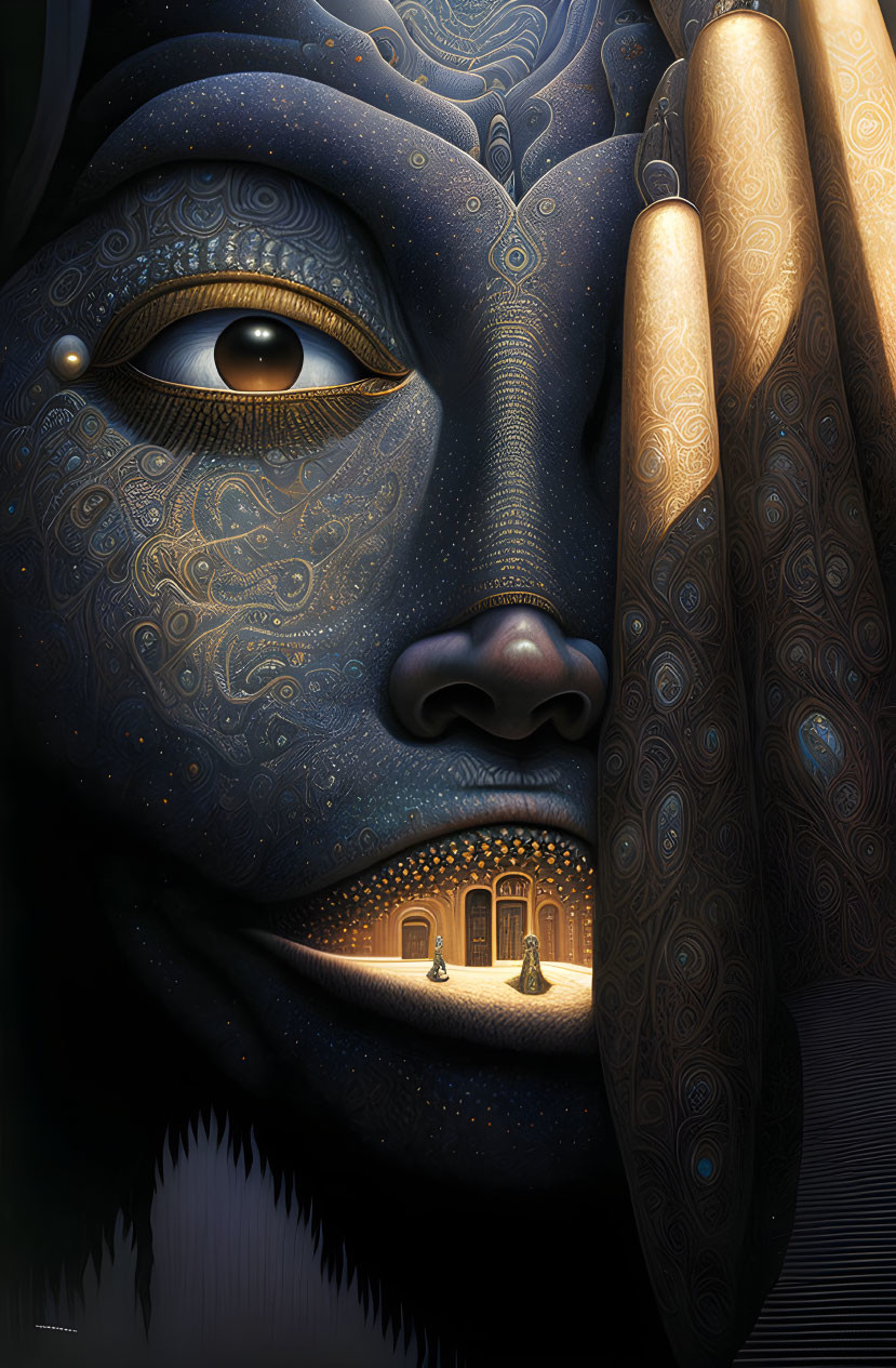 Detailed surreal face illustration with golden eye and ornate patterns.