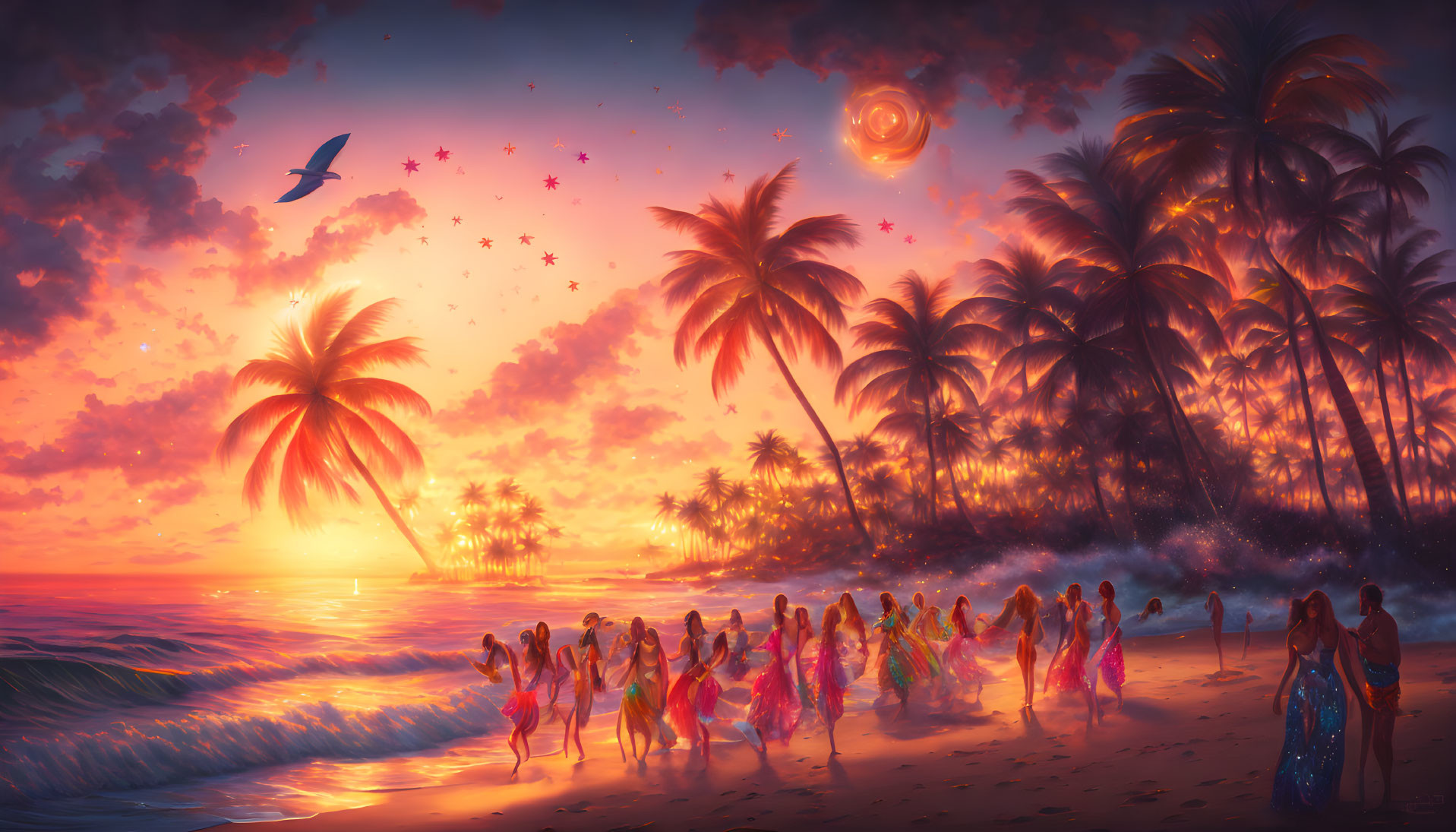 Vibrant sunset beach scene with palm trees and swirling galaxy