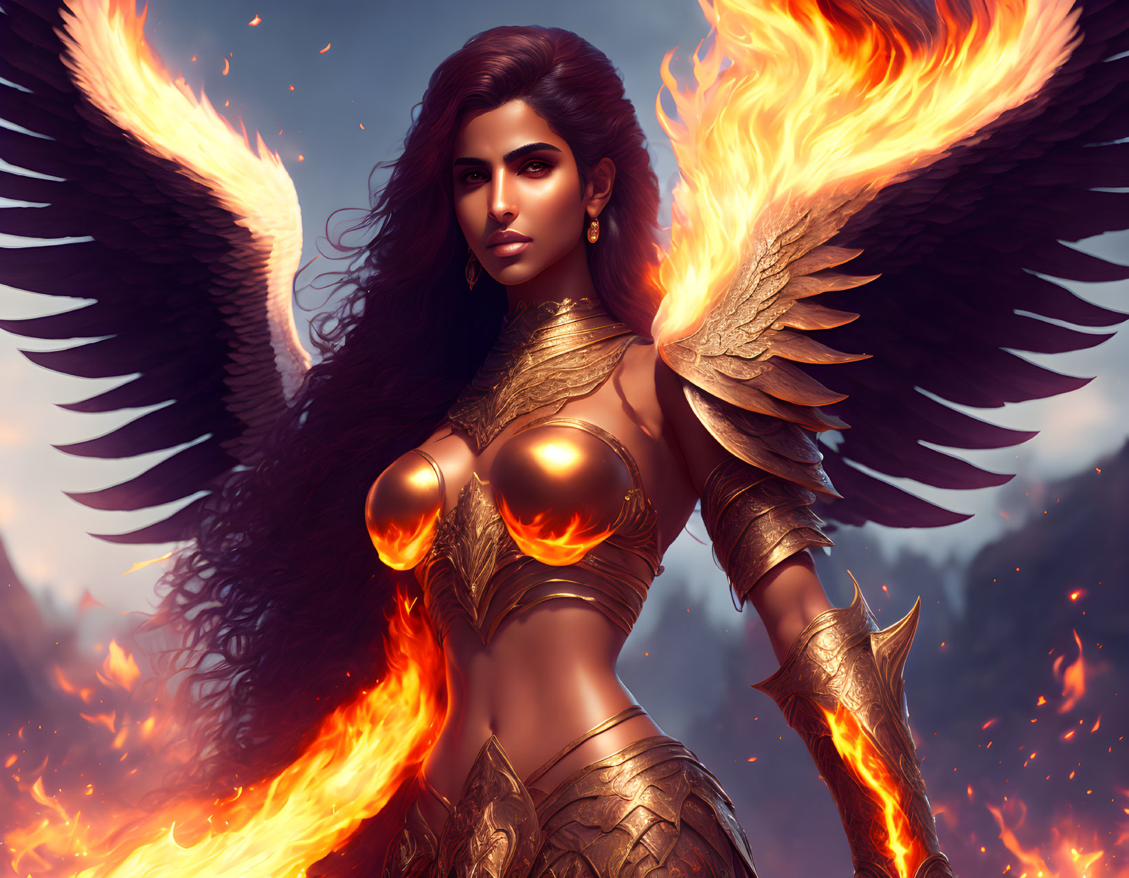 Fiery Phoenix Woman in Golden Armor with Intense Gaze