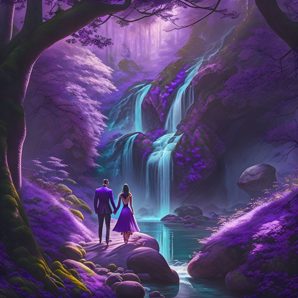 Couple by glowing purple waterfall in mystical setting