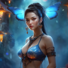 Woman with Butterfly Wings in Mystical Forest Wearing Blue Attire