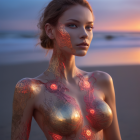 Stylized ornate female figure in 3D with baroque designs on sunset backdrop