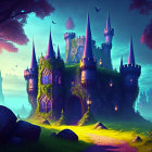 Majestic castle on hill with spires, forest, purple sky, path, and birds