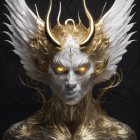 Fantasy figure with golden horns, ornate armor, and white feathered wings on dark background