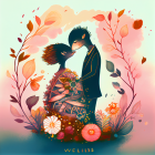 Colorful Couple Embracing Surrounded by Floral Arch and Butterflies