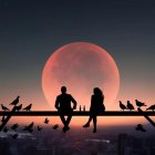 Silhouetted figures on fence under large reddish moon with birds and roses.