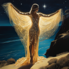 Silhouetted figure on rocky outcrop in starry gown against starlit sky