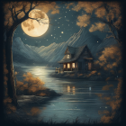 Traditional house by lake under starry sky with full moon amid mountains