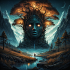 Surreal humanoid face with tree-like features in mystical forest scene