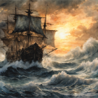 Sailing ships in turbulent seas under dramatic sunset