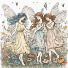 Five ethereal fairies in a garden with flowers and butterflies in pastel colors