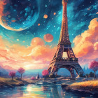 Colorful fantasy illustration: Eiffel Tower in alien landscape with swirling galaxy.