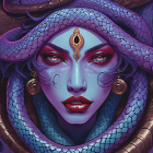 Digital artwork of woman with blue skin and serpent headdress