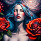 Digital artwork: Woman with flowing hair and red & white roses against cosmic backdrop